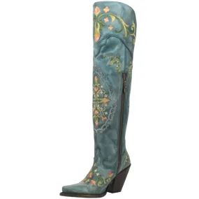 Vintage Floral Embroider Blue Leather Western Boots