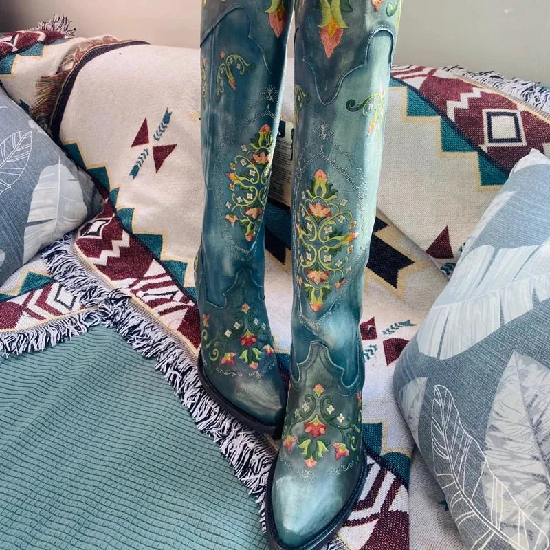 Vintage Floral Embroider Blue Leather Western Boots