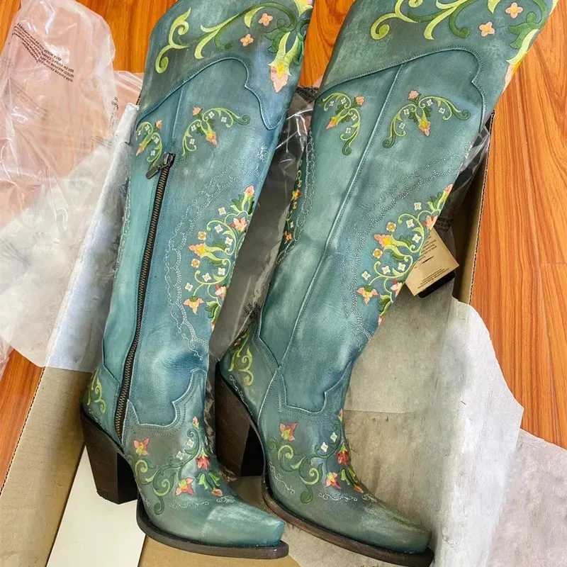 Vintage Floral Embroider Blue Leather Western Boots