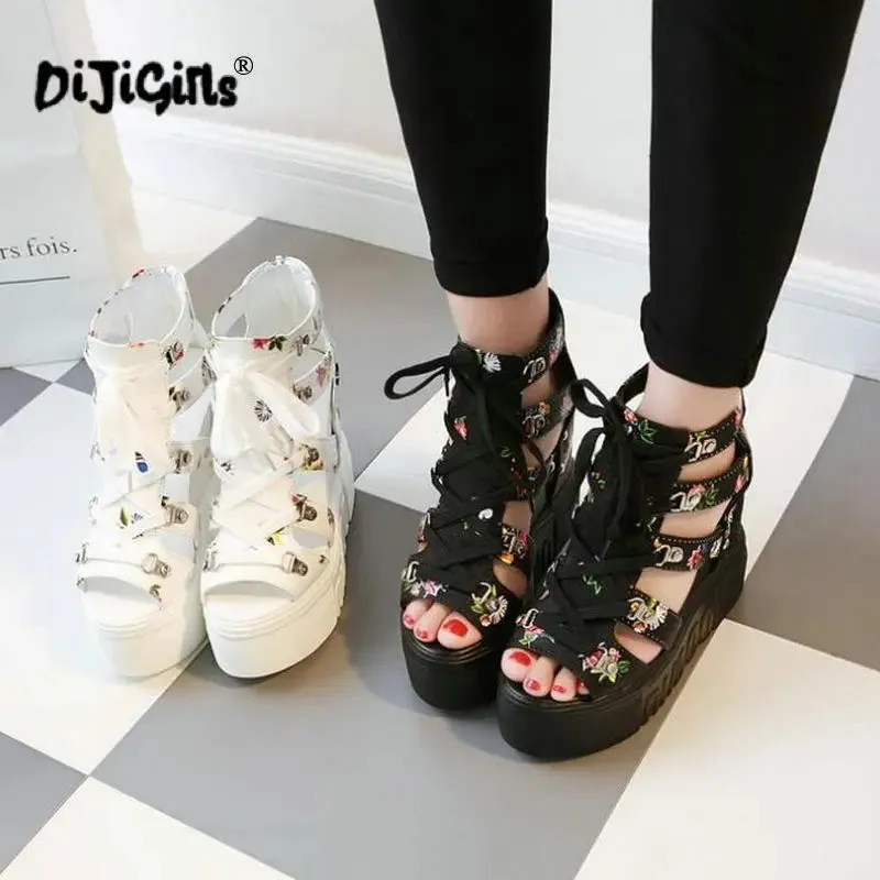 Women Floral Graphic Lace-Up Front Wedge Summer Sandals