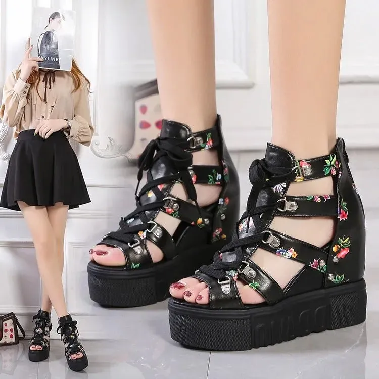 Women Floral Graphic Lace-Up Front Wedge Summer Sandals